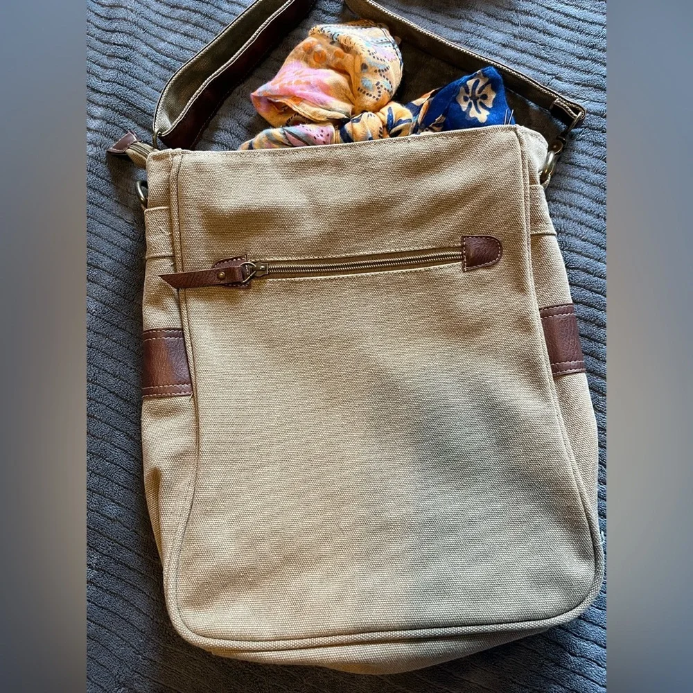Canvas Hobo Crossbody Bag with Leather Accents - Beige
